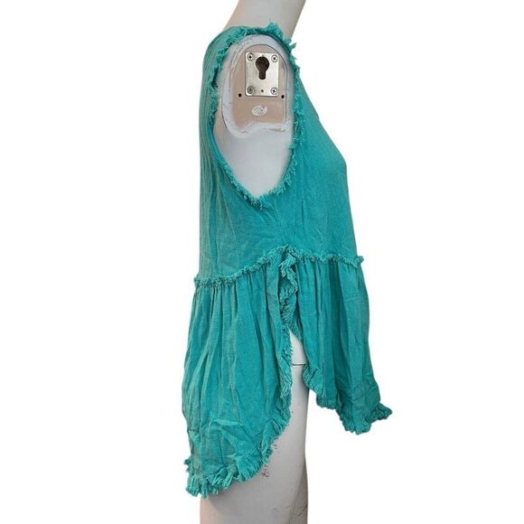 Umgee Small Linen Blend Teal Raw Hem Sleeveless Blouse Side Slits Relaxed Top - Picture 4 of 6